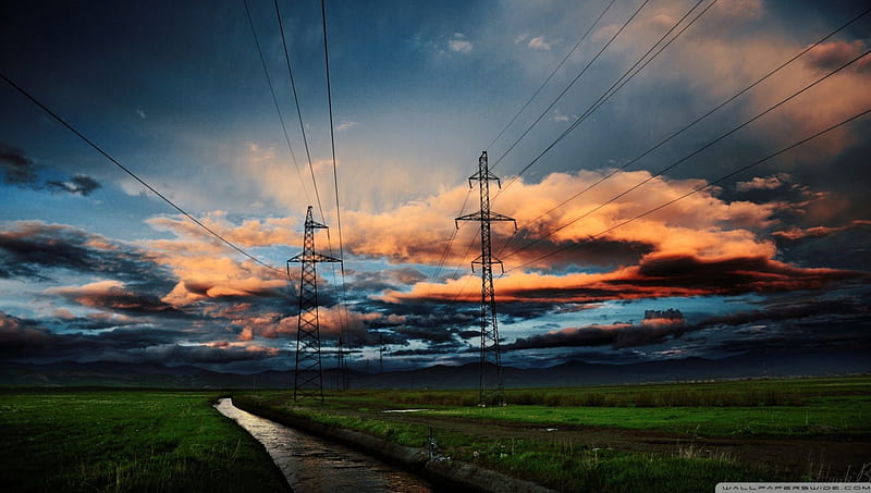 lovely sunset sky above electric lines, towers, grass, canal, electric, sunset, lines, clouds, sky, HD wallpaper