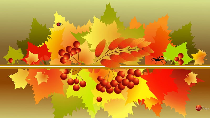 Fall Favorites, fall, autumn, maple, mountain ash, abstract, leaves, gold, green, berries, oak, oragne, HD wallpaper