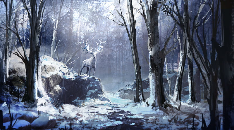 Winter Forest Reindeer , winter, forest, artist, artwork, digital-art, reindeer, artstation, HD wallpaper