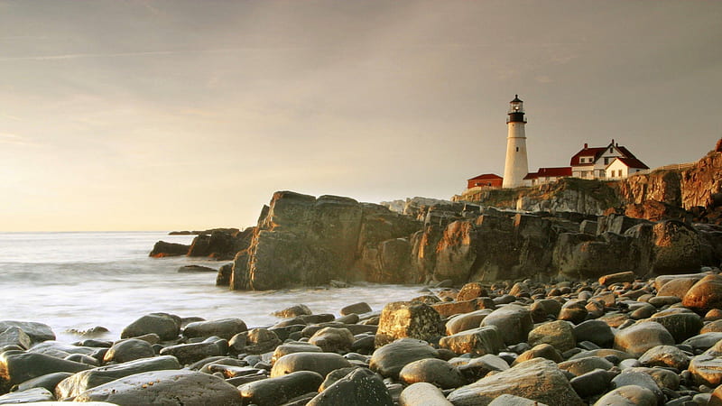 lighthouse on rough rocky shore in portland maine, rocks, shore, lighthouse, sea, mist, HD wallpaper