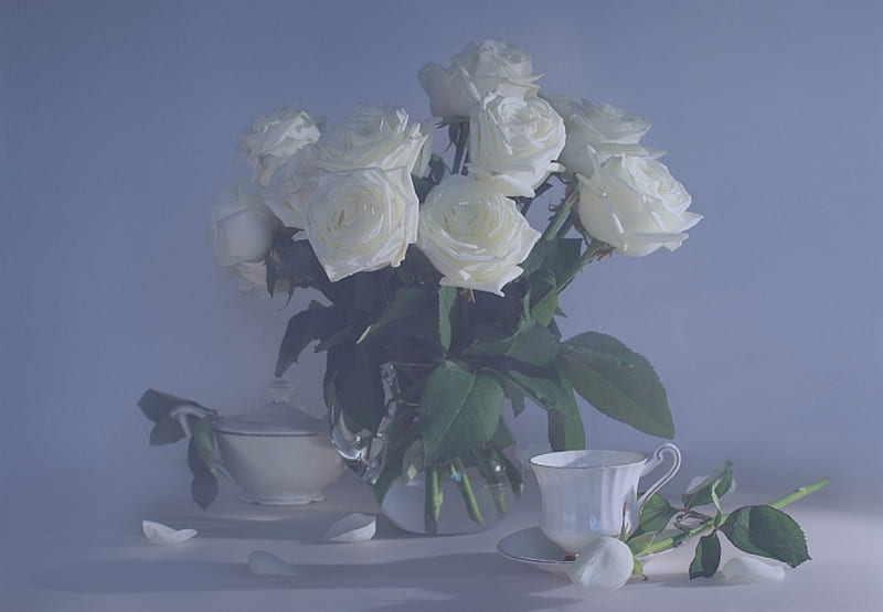 White roses for Helen, white roses, vase, bonito, roses, delicate, still life, leaves, water, cup, beauty, petals, tea pot, harmony, HD wallpaper