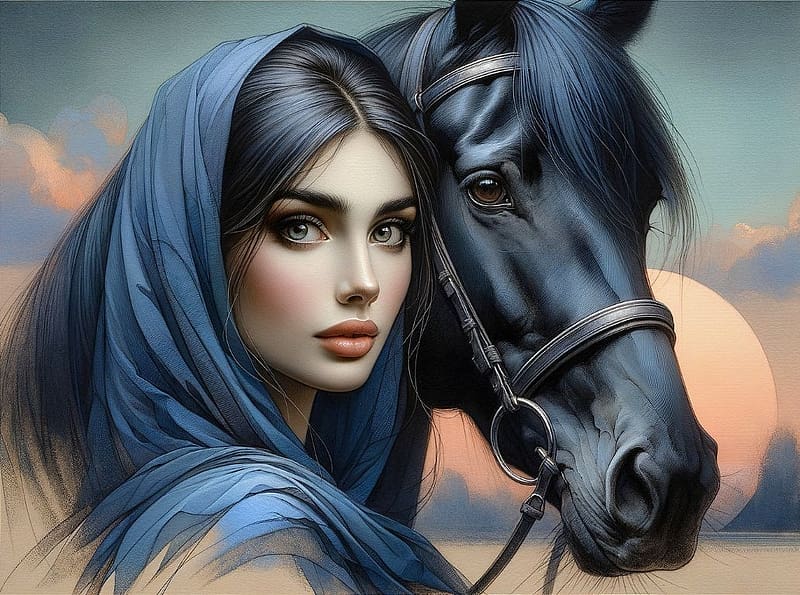 The girl in the blue headscarf stands close to a black horse, fejkendo, lany, fekete lo, nagy szemek, naplemente, kek, nezes, HD wallpaper