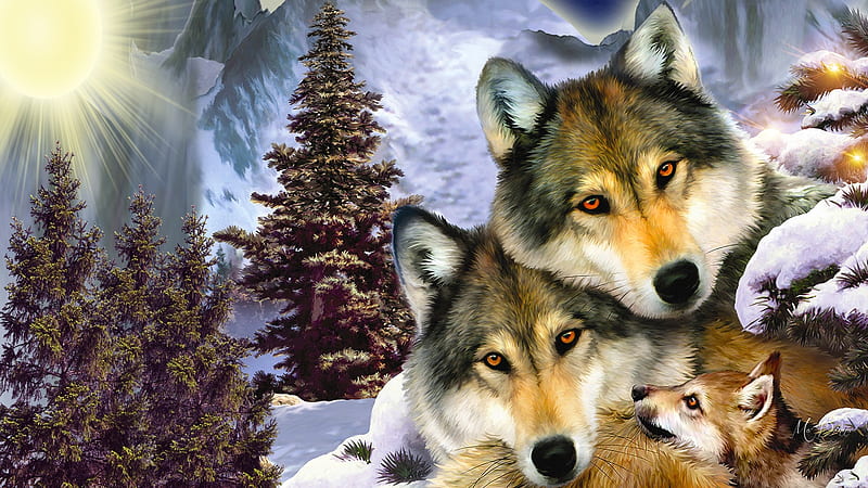 Wolf Family, pup, sunshine, wolf, wolves, trees, Firefox theme, family, forest, spirit, endangered, wild, HD wallpaper