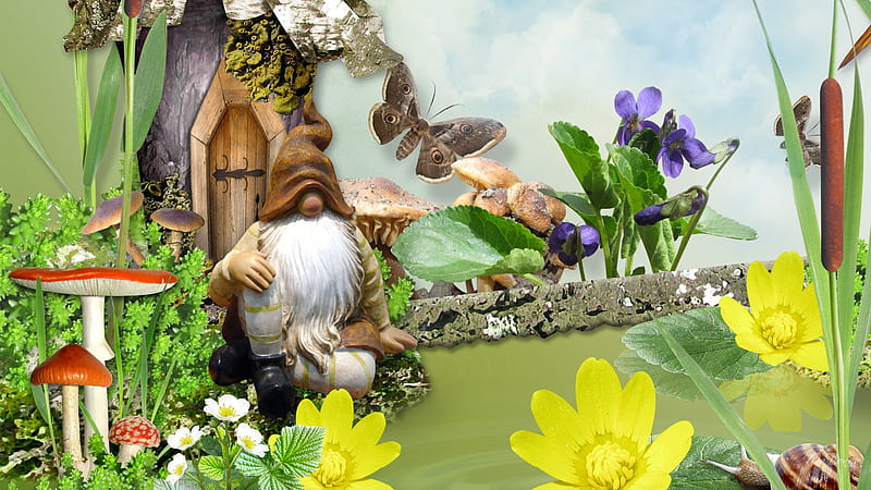 Gnome Home, snail, cat tails, gnome, firefox persona, sky, fantasy, butterfly, summer, flowers, HD wallpaper