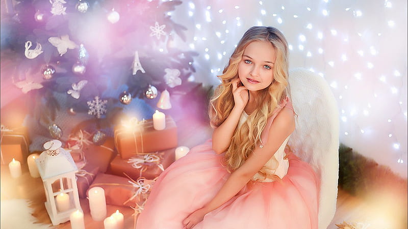 Cute Little Girl With Wings Is Sitting In Lights Background Wearing Light Peach White Color Dress Cute, HD wallpaper