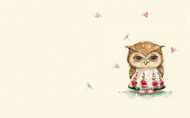 Waiting for you!, owl, inga paltser, card, cute, butterfly, girl, bird, child, white, HD wallpaper