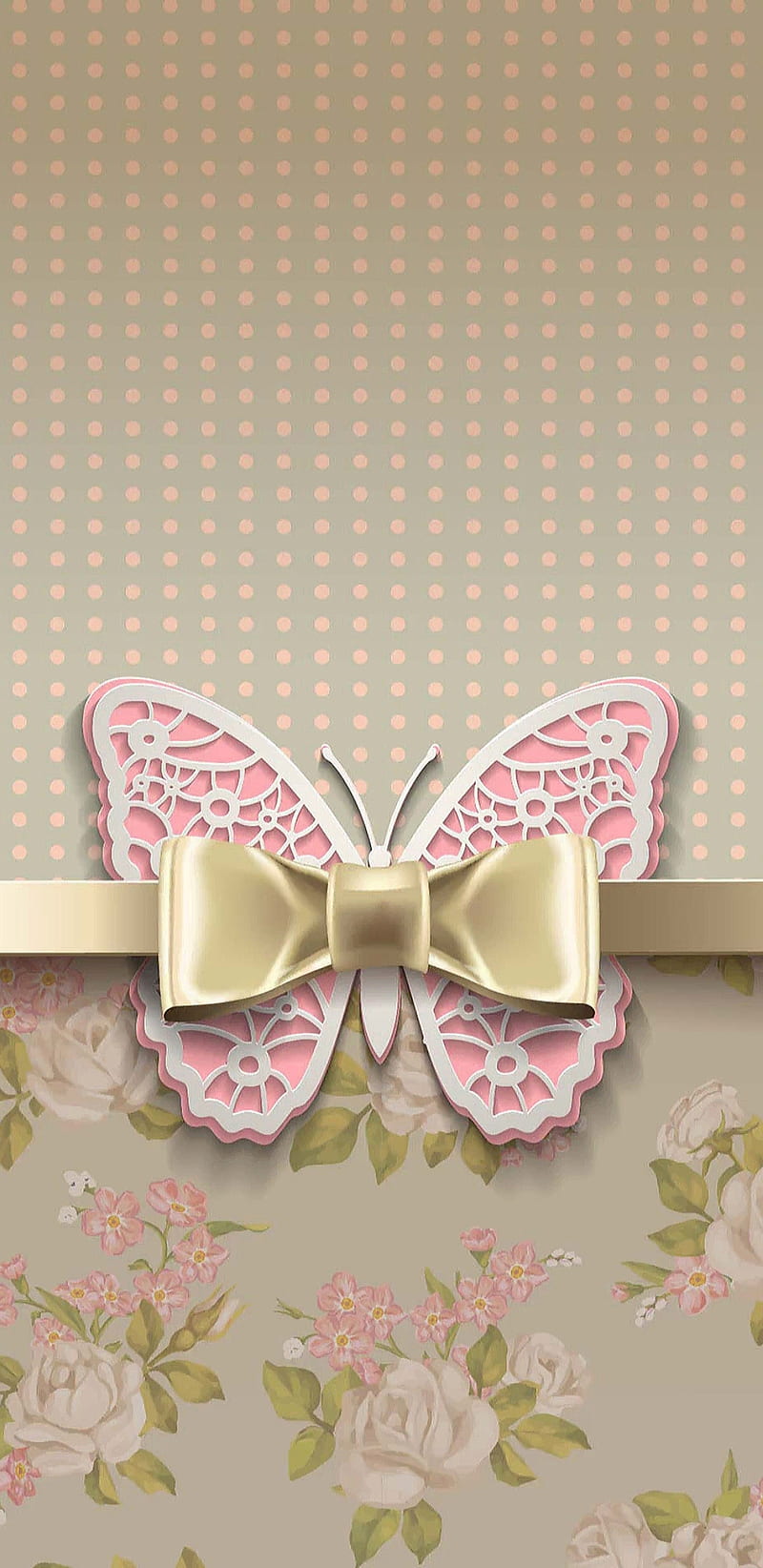 Butterfly Bow, brown, floral, flower, girly, gold, golden, pink, pretty, HD phone wallpaper