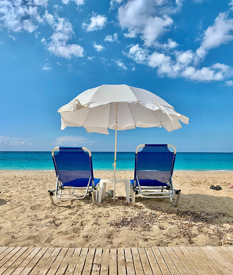 sun loungers, umbrella, beach, sea, summer, HD phone wallpaper
