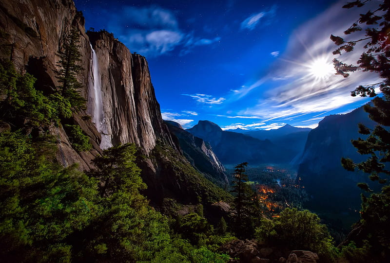 Yosemite-NationalPark-waterfall, stars, forest, rocks, park, sky, valley, mountain, moon, waterfall, light, night, HD wallpaper