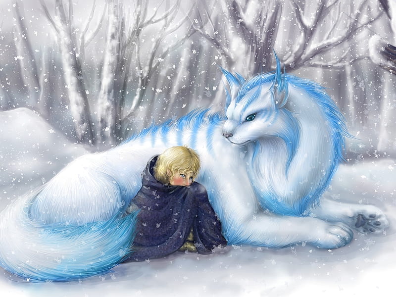 Anime girl and white wolf, cute, fantasy, girl, snow, anime, wolf, winter,  HD wallpaper | Peakpx