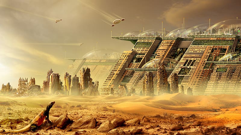Desert, City, Lizard, Cityscape, Ship, Sci Fi, Technology, Ruin, Dome, HD wallpaper