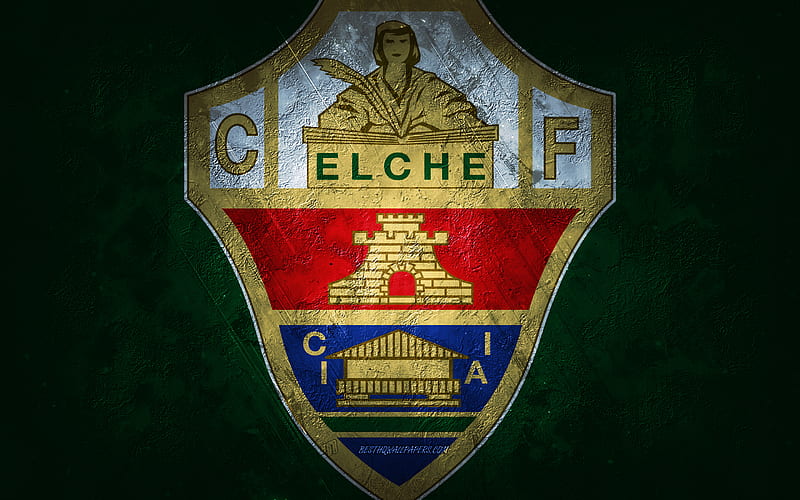 Elche CF, Spanish football club, green stone background, Elche CF logo, grunge art, La Liga, football, Spain, Elche CF emblem, HD wallpaper