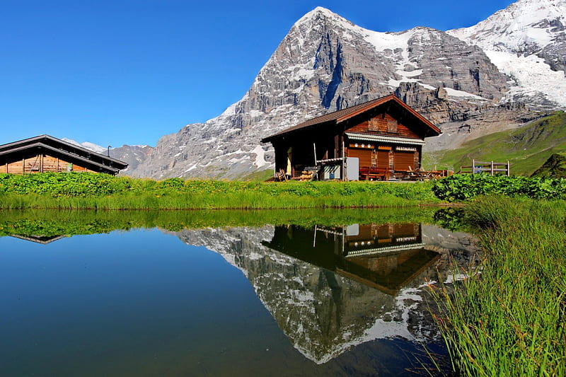 Mountain chalet, pretty, hut, house, shore, chalet, grass, cottage, cabin, bonito, mirrored, mountain, nice, calm, peak, reflection, hills, rest, vacation, quiet, lovely, clear, relax, lonely, sky, lake, water, summer, crystal, nature, wooden, HD wallpaper