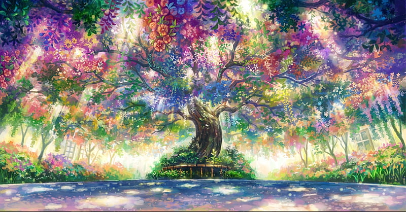 Flowers Grass, anime, nobody, park, scenic, shade, tree, HD wallpaper