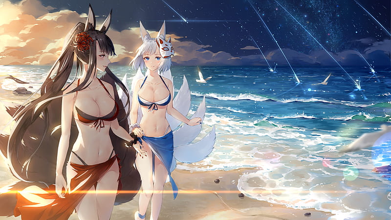 Foxgirls on the beach, swimsuit, tails, manga, maya g, sea, beach, vulpe,  water, HD wallpaper | Peakpx