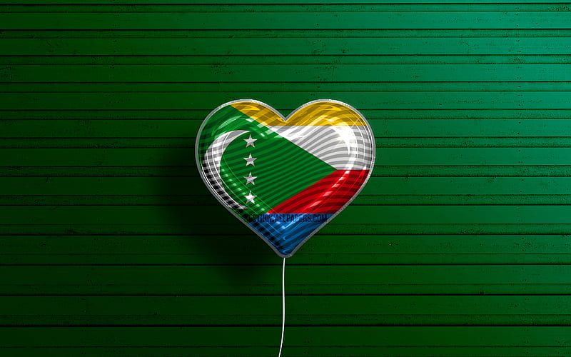 I Love Comoros realistic balloons, green wooden background, African countries, Comoros flag heart, favorite countries, flag of Comoros, balloon with flag, Comoros flag, Comoros, Love Comoros, HD wallpaper