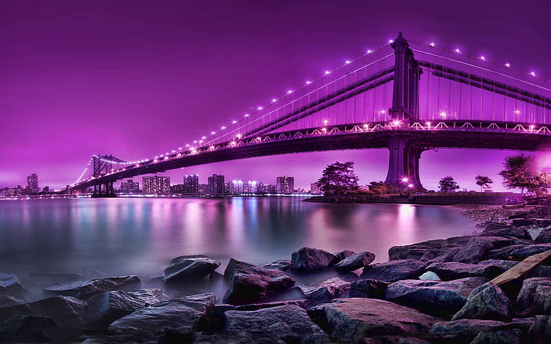 Sunset bridge, city, pink, purple, HD wallpaper