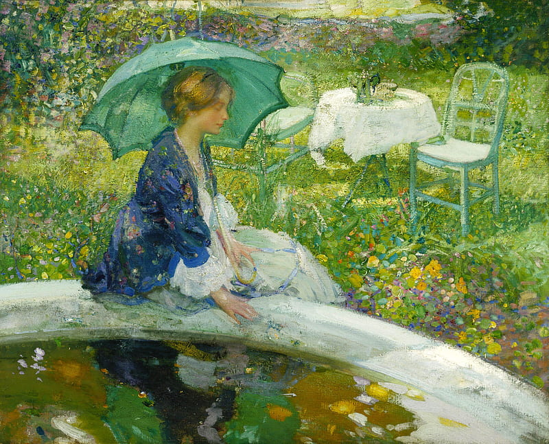 Woman with umbrella, art, umbrella, woman, pond, girl, green, richard emil miller, painting, summer, garden, white, pictura, blue, HD wallpaper