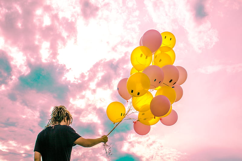 Boy With Happy And Sad Balloons, balloons, graphy, HD wallpaper