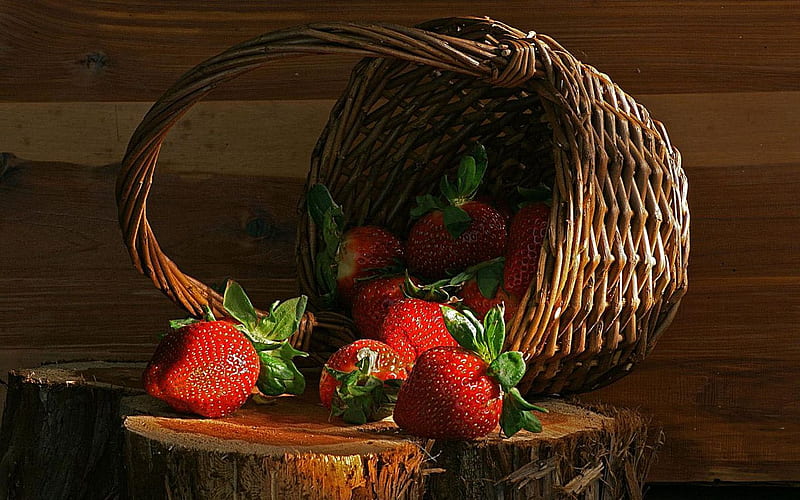 Strawberry, red, delicious, fruits, bonito, nice, basket, strawberries, nature, wood, HD wallpaper