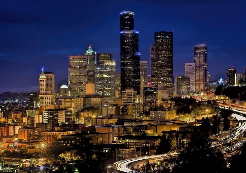 Seattle by Night, highway, city, buildings, washington, houses, HD wallpaper