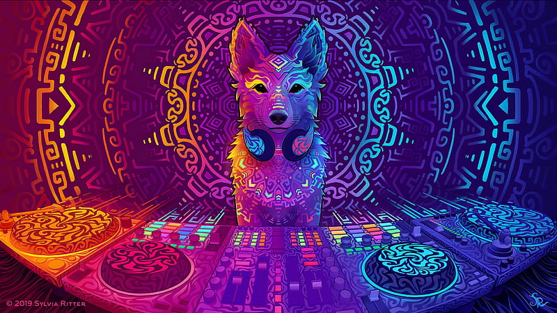 Disco Dingo Dog, pink, blue, dog, colorful, disco, luminos, orange, sylviaritter, dingo, caine, fantasy, purple, neon, HD wallpaper