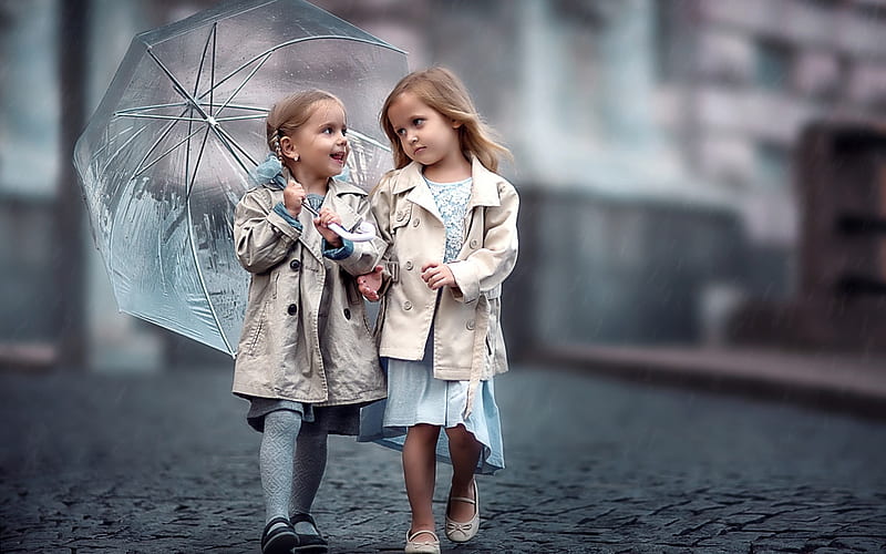 Two little girls in the rain, little, children, umbrella, girl, copil, rain, white, couple, blue, HD wallpaper