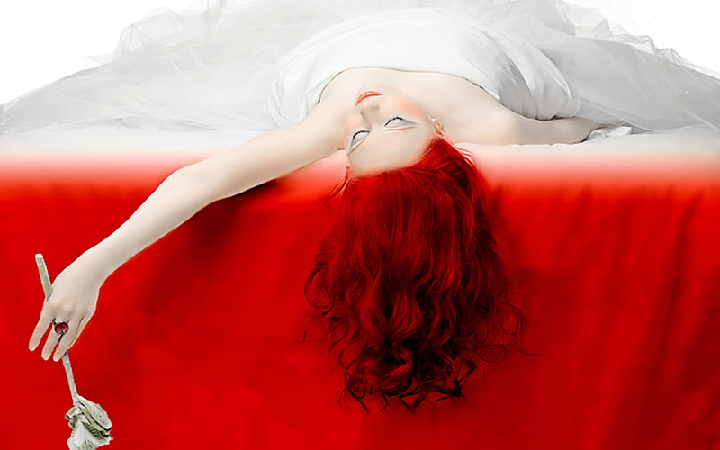 Away in the sea of red ..., red, female, rose, bonito, red hair, roses, woman, bed, hair, girl, dreamer, flower, flowers, face, white, dream, HD wallpaper