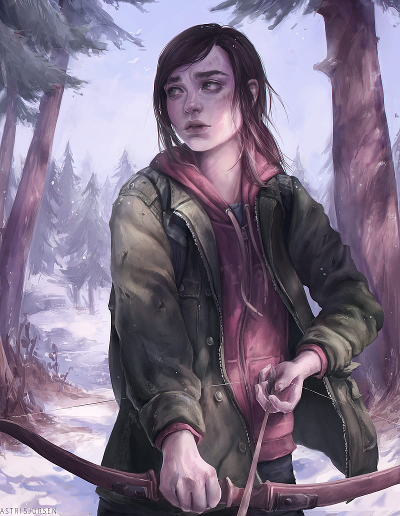 bow and arrow, looking away, Ellie Williams, The Last of Us, The Last of Us 2, video game art, video game girls, artwork, video game characters, digital art, fan art, snow, video games, Ellie, HD phone wallpaper