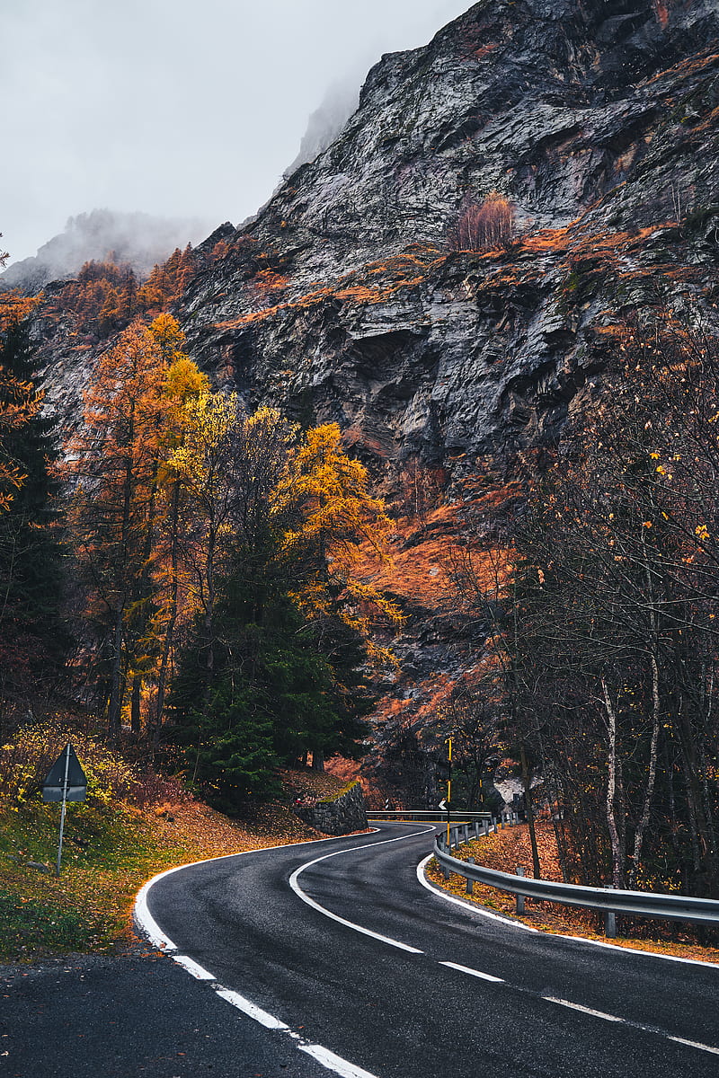 road, winding, rocks, marking, fog, HD phone wallpaper