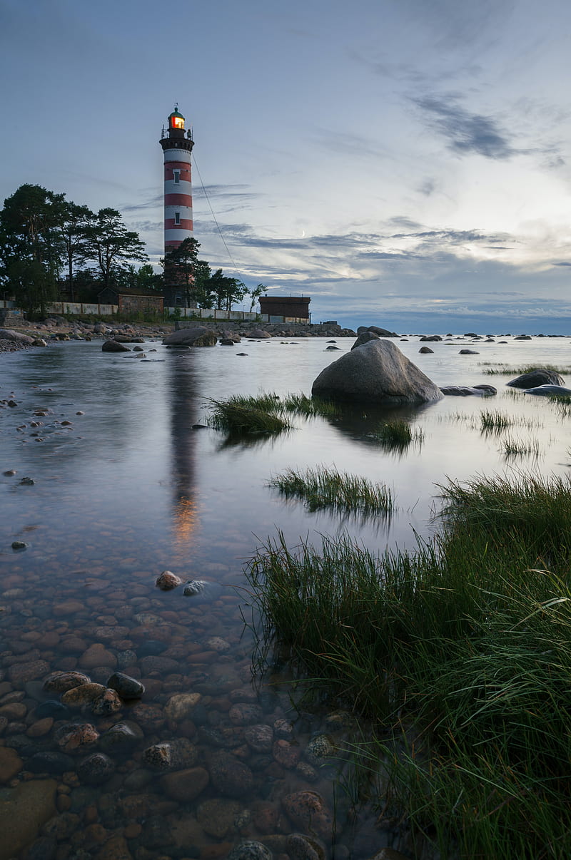 lighthouse, coast, building, sea, evening, HD phone wallpaper