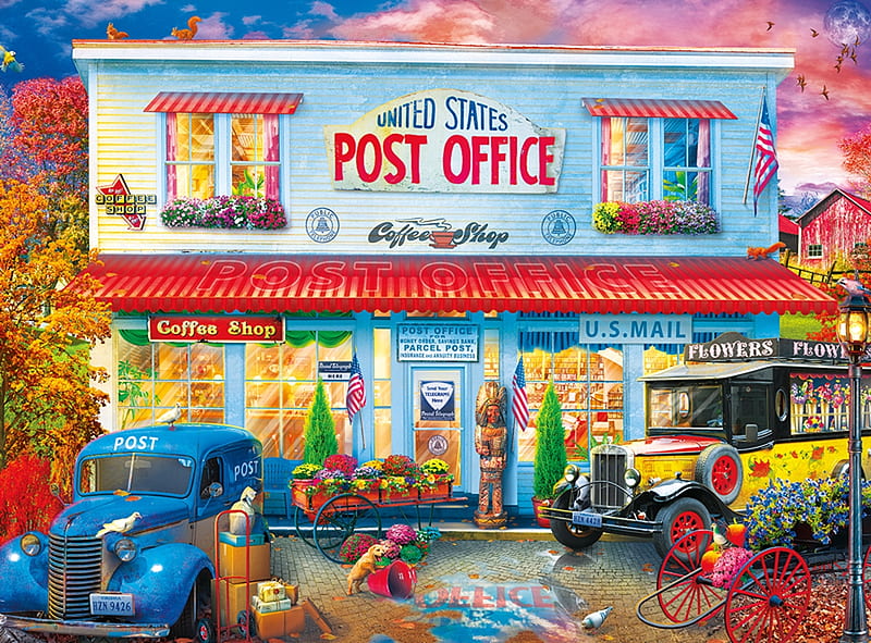 Old Time Post Office, post office, barrow, usa, vans, painting, flowers, dog, HD wallpaper