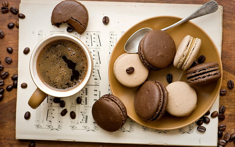 ***Coffee Time***, spoon, food, notes, chocolate, notebook, macaron, sweet, tooths, cookies, coffee, grains, cup, plate, HD wallpaper