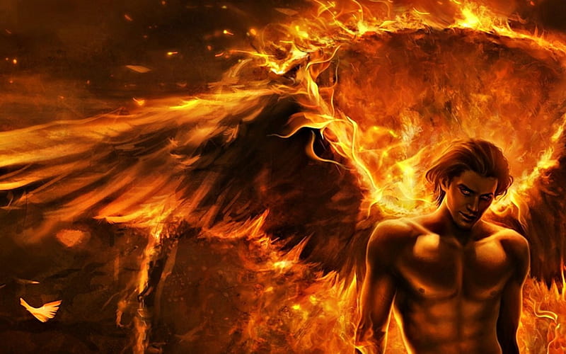 Angel, fire, fantasy, demon, wings, orange, man, HD wallpaper