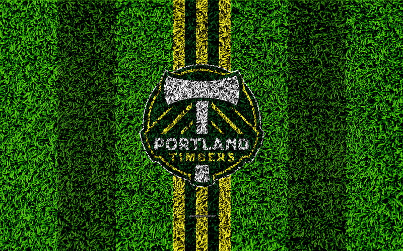 Portland Timbers MLS, football lawn, logo, american soccer club, green yellow lines, grass texture, Portland, Oregon, USA, Major League Soccer, football, HD wallpaper