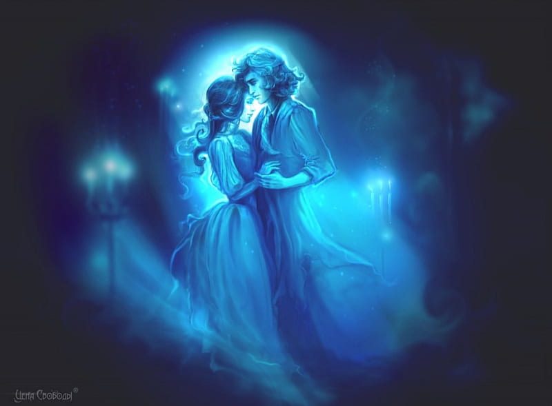 Dance, fantasy, couples, man, lady, blue, HD wallpaper