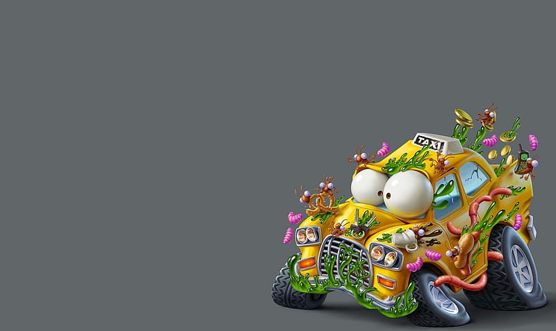 Taxi from Monsterland, art, worm, monsterland, yellow, card, oscar ramos, fantasy, taxi, car, gris, child, HD wallpaper