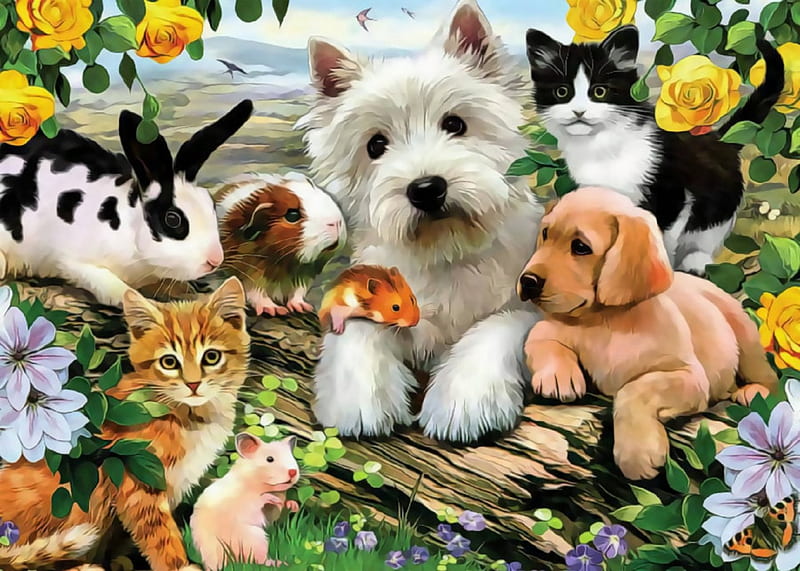 ★Happy Animal Buddies★, gardening, rats, adorable, seasons, paintings, rabbits, flowers, lovely flowers, drawings, butterfly designs, animals, lovely, happiness, love four seasons, creative pre-made, butterflies, spring, yellow roses, puppies and kittens, buddies, weird things people wear, cats, dogs, HD wallpaper