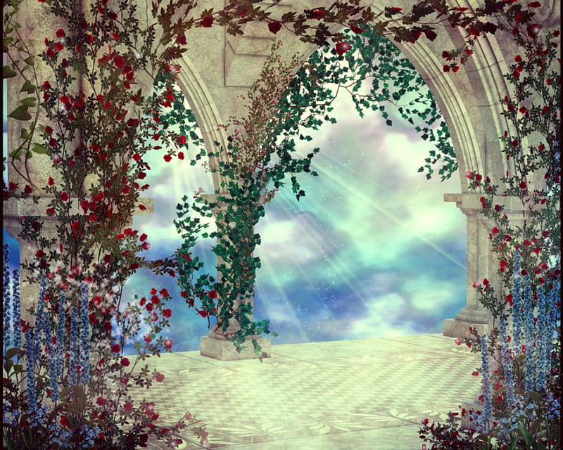 Fairy place, art, fantasy, rays, balcony, plants, HD wallpaper