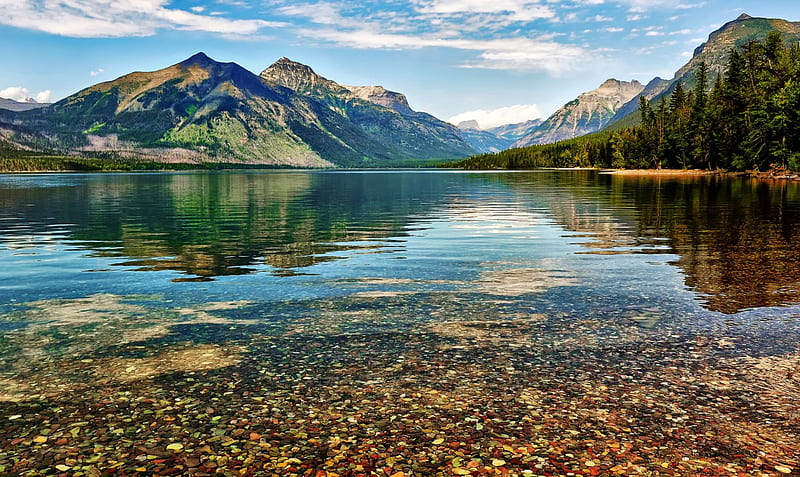 Magnificent Lake McDonald, Montana, forest, bonito, clouds, lake, Glacier National Park, mountain, calm, water, crystal, HD wallpaper