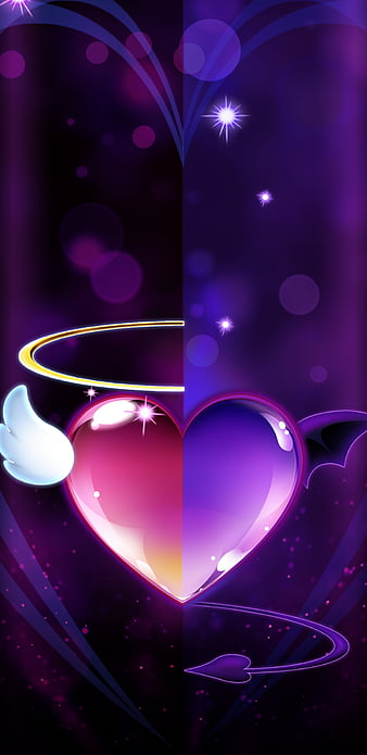 AngelVsDevil, angel, devil, girly, halo, heart, pink, pretty, purple, sparkle, wings, HD phone wallpaper