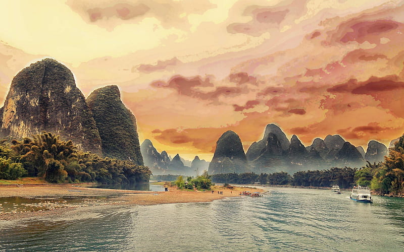 river, mountain, sunset, Li River, China, HD wallpaper