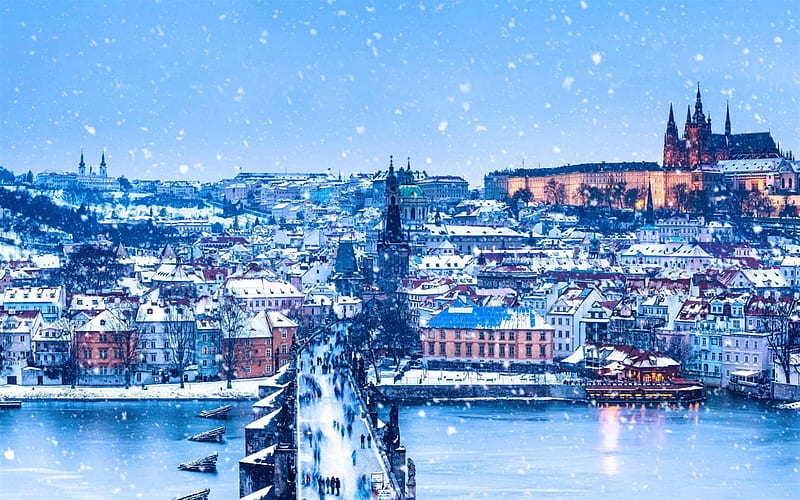 Charles Bridge, Prague, Christmas, winter, snow, city panorama, Czech Republic, HD wallpaper