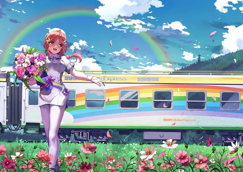 Railroad, pretty, scenic, wonderful cg, bonito, rainbow, nicd, floral, sweet, blossom, nice, train, anime, beauty, anime girl, scenery, neat, female, cloud, lovely, smile, sky, smiling, happy, girl, flower, awesome, scene, HD wallpaper