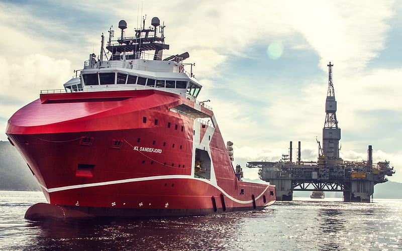KL Sandefjord vessel, Offshore Supply Ship, drilling platform, HD wallpaper