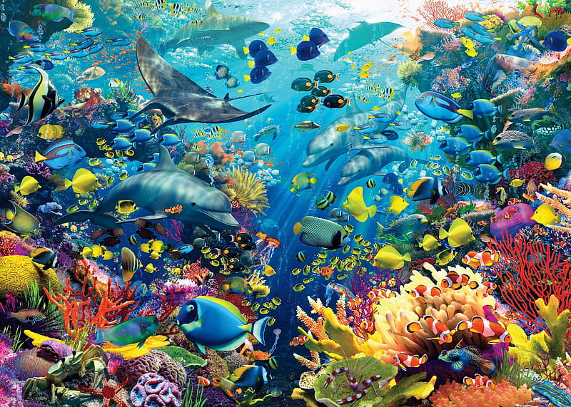 Sealife, fish, summer, coral, blue, sea, colorful, luminos, water, vara, fantasy, adrian chesterman, HD wallpaper