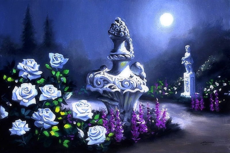 White Roses in Full Moon, moons, pretty, lovely, romantic, white roses, colors, love four seasons, bonito, roses, trees, statues, paintings, flowers, garden, nature, HD wallpaper