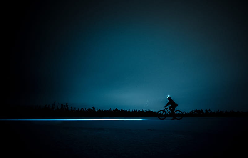 cyclist, night, bike, silhouette, light, horizon, HD wallpaper