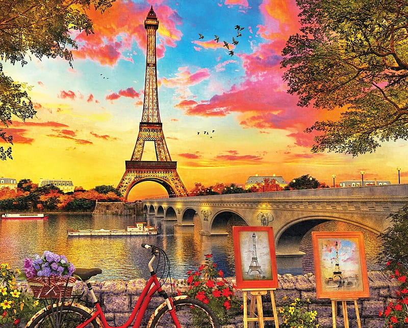 Paris Sunset, water, bridge, france, Paris, tower, sunset, eiffel, Bycycle, river, HD wallpaper