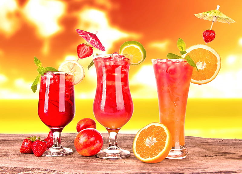 Time for Refreshing, drinks, fruits, sunset, refereshing, sea, beach, splendor, paradise, strawberries, HD wallpaper